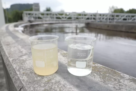 Da čistilna naprava deluje odlično, dokazujeta vzorca vode ob pritoku in ob iztoku iz čistilne naprave na Bledu. / Foto: Tina Dokl 